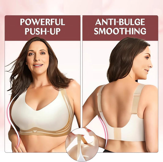 Woman wearing a white bra with text 'Powerful Push-Up' and 'Anti-Bulge Smoothing' on a pink background.